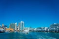 AUCKLAND, NEW ZEALAND- MAY 12, 2017: Beautiful view of the largest and most populous urban area in Auckland with a ferry Royalty Free Stock Photo