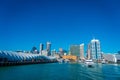 AUCKLAND, NEW ZEALAND- MAY 12, 2017: Beautiful view of the largest and most populous urban area in Auckland with a ferry Royalty Free Stock Photo