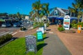 AUCKLAND, NEW ZEALAND- MAY 12, 2017: Gorgeous town in Waiheke island, tourists enjoying the view from the shops to the