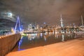 AUCKLAND, NZ - AUGUST 26, 2018: Waterfront bridge and buildings at night