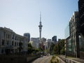 Auckland Sky Tower seen from Wellesley Street East corner Symonds Street Science Centre New Zealand Aotearoa