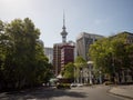 Auckland Sky Tower seen from Wellesley Street East near Albert Park Art Gallery and Central Library New Zealand Aotearoa
