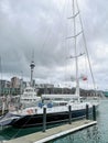Auckland skyline. View from Viaduct Basin with a sailboat on foreground