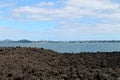 Auckland view from Rangitoto island with volcanic stones