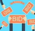 Auction and bidding banner with hands holding bords Royalty Free Stock Photo