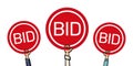 Auction and bidding concept. Bidders` hands lifting auction paddles. Vector illustration