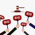 Auction and bidding concept. Hand holding auction paddle. People make bids. Flat illustration. Royalty Free Stock Photo