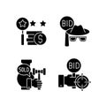 Auction components black glyph icons set on white space