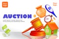 Auction. 3d illustration of judge gavel, house, antique jar, bidding board and money