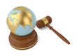 Auction hammer with gold globe on white background.3D illustration. Royalty Free Stock Photo