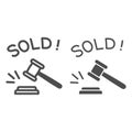 Auction hammer with sold text line and solid icon, finance concept, hitting wooden gavel in auction sign on white Royalty Free Stock Photo