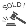 Auction hammer with sold text solid icon, finance concept, hitting wooden gavel in auction sign on white background Royalty Free Stock Photo