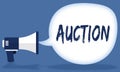 AUCTION writing in speech bubble with megaphone or loudspeaker.