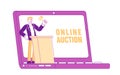 Auctioneer Male Character Holding Wooden Gavel Stand at Tribune on Screen of Laptop Conducting Online Auction