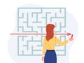 Audacious solution task. Direct path to goal. Woman solving puzzle. Mind exercise. Girl searching way. Logic riddle Royalty Free Stock Photo