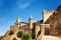 Aude gate and towers of Carcassonne outer wall Royalty Free Stock Photo