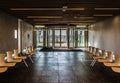 Auderghem, Brussels - Belgium - Hardboard chairs in an empty waiting room at the CHIREC hospital