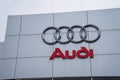 Audi automobile car logo and sign outside entrance of dealership Royalty Free Stock Photo