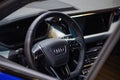 Audi e-tron GT fully-electric luxury supercar, interior dashboard and steering wheel, model 2021