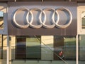 Audi logo on their main dealership store in Belgrade. Audi is a German car and automotive manufacturer