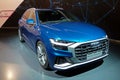 WOLFSBURG, GERMANY - March 22, 2019: Audi Q8 quattro with lights and logo in showroom `Autostadt Wolfsburg` Royalty Free Stock Photo