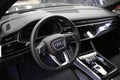 Audi Q7 steering wheel and dashboard. Black leather car interior. Vehicle interior SUV car.