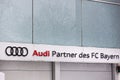 an audi sign on the headquarter of club Bayern Munich