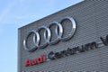 Audi sign, logo, symbol on the facade of the Audi Centrum Warszawa