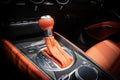 Audi TT sports car driver view of the new gear stick in the middle console at the Paris Motor Show. Paris, France - October 3, Royalty Free Stock Photo