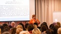 Audience listens to the speech of the lecturer in the conference hall Lutsk Ukraine 22.01.2019