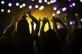 Audience watching a rock show, hands in the air, rear view, stage lights