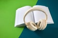 Audio book concept , white book with headphones Royalty Free Stock Photo
