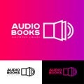 Audio book logo. The book icon and sound icon are connected. Literature emblem.