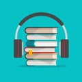 Audio books with headphones concept vector illustration, flat cartoon headset with books stack, idea of podcast or Royalty Free Stock Photo