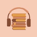 Audio books with headphones concept vector illustration, flat cartoon headset with books Royalty Free Stock Photo