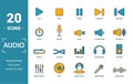 Audio Buttons icon set. Include creative elements play, pause, on off, volume down, repeat icons. Can be used for report,