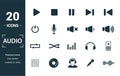 Audio Buttons icon set. Include creative elements play, pause, on off, volume down, repeat icons. Can be used for report,