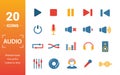 Audio Buttons icon set. Include creative elements play, pause, on off, volume down, repeat icons. Can be used for report,