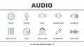 Audio Buttons icons set collection. Includes creative elements such as Record, Mute, Volume Down, Volume Up, Vinyl and Music Lover