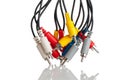 Audio cables, connection plugs, multicolored, isolated on a white background, audio cord cable, connecting digital Royalty Free Stock Photo