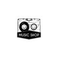 Audio cassette icon. Tape. Music shop logo emblem label. Reteo music badge. Vector.