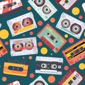 Audio cassette pattern. Stereo mixtape record music items funky style retro fashioned vector seamless background 90s Royalty Free Stock Photo