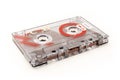 Audio cassette tape - old vintage compact audio cassette on its side isolated on white background, bottom view Royalty Free Stock Photo