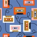 Audio cassettes, colorful musical seamless pattern. Decorative background