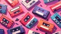 Audio cassettes, mix tapes, media storage for music and sound on pink background. Vintage style analog hipster devices Royalty Free Stock Photo