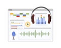 Audio editing and mixing software, window interface with headphones and microphone Royalty Free Stock Photo