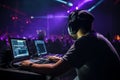 Audio engineer adjusting levels on a mixing board in the control room. Generative AI Royalty Free Stock Photo