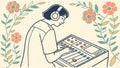 Audio Engineer with Headphones at Mixing Board, Floral Frame, vector design Generative AI Royalty Free Stock Photo