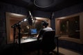 Audio engineer working on a mixing board in the control room. Generative AI Royalty Free Stock Photo