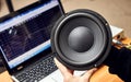 Audio equipment, speaker testing, sound quality, master tester evaluates the performance of the acoustic system Royalty Free Stock Photo